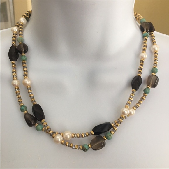 Freshwater pearl, turquoise & horn long necklace - Picture 6 of 6