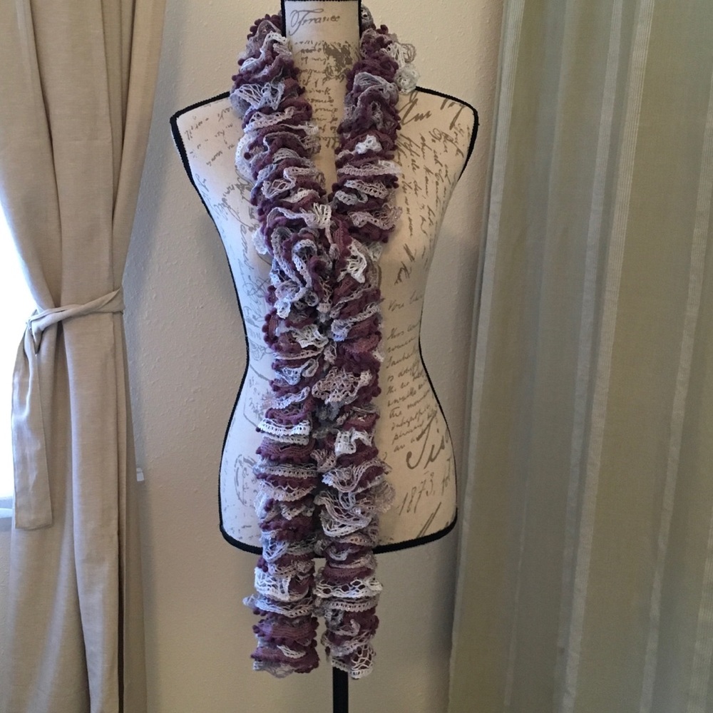 New Hand Knitted Berry/Silver Lacy Boa Scarf