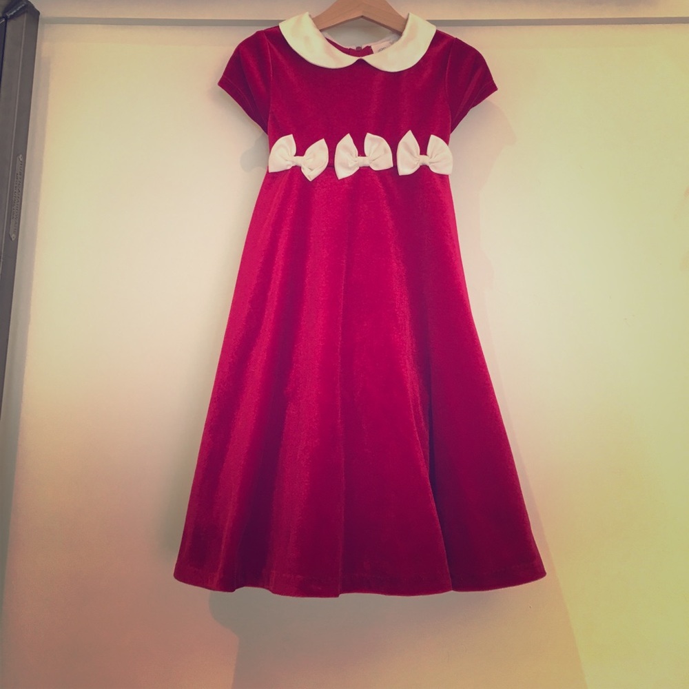 Red Velvet Holiday Dress with White Satin Details