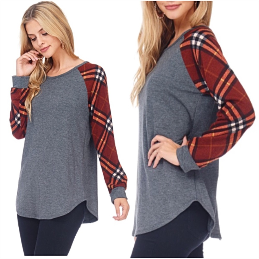 Darling Plaid Sleeve Soft Tunic Top Sold - Picture 3 of 6