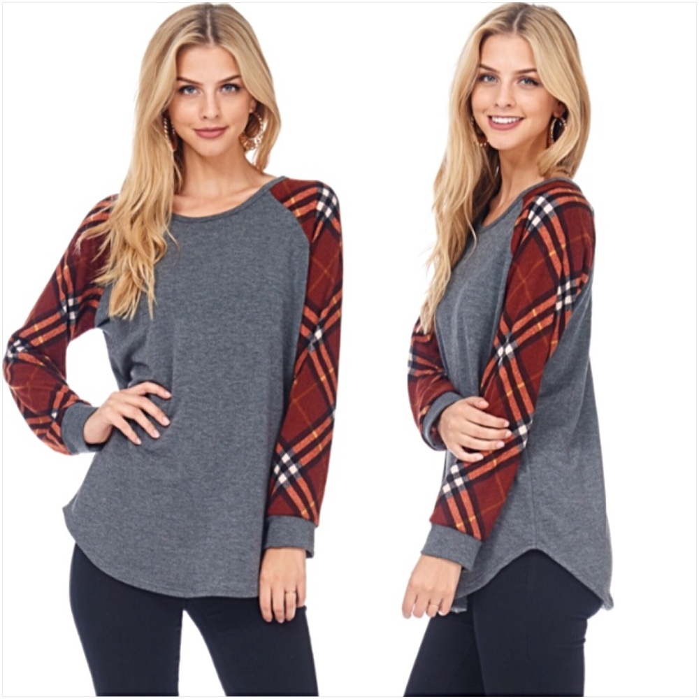 Darling Plaid Sleeve Soft Tunic Top Sold - Picture 4 of 6