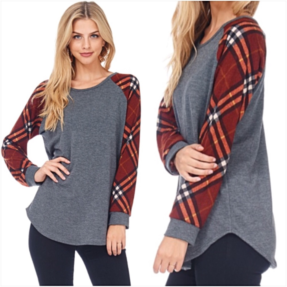 Darling Plaid Sleeve Soft Tunic Top Sold - Picture 2 of 6