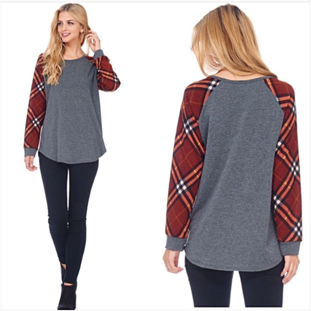 Darling Plaid Sleeve Soft Tunic Top Sold - Picture 5 of 6