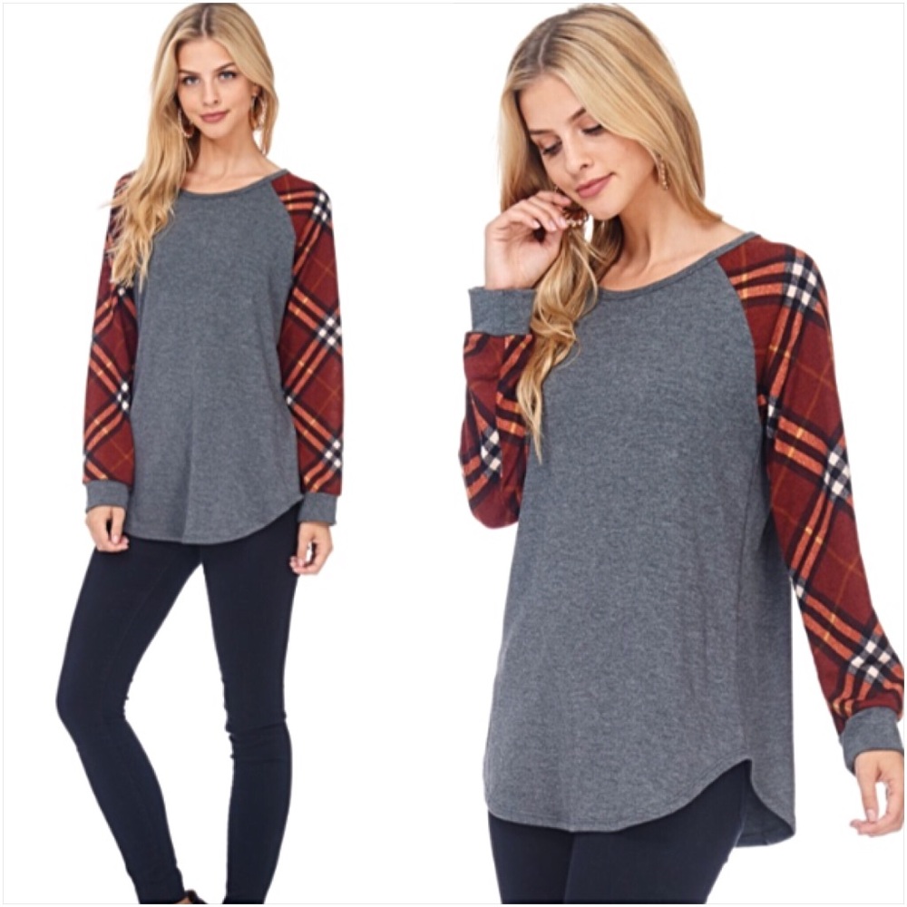 Darling Plaid Sleeve Soft Tunic Top Sold - Picture 6 of 6