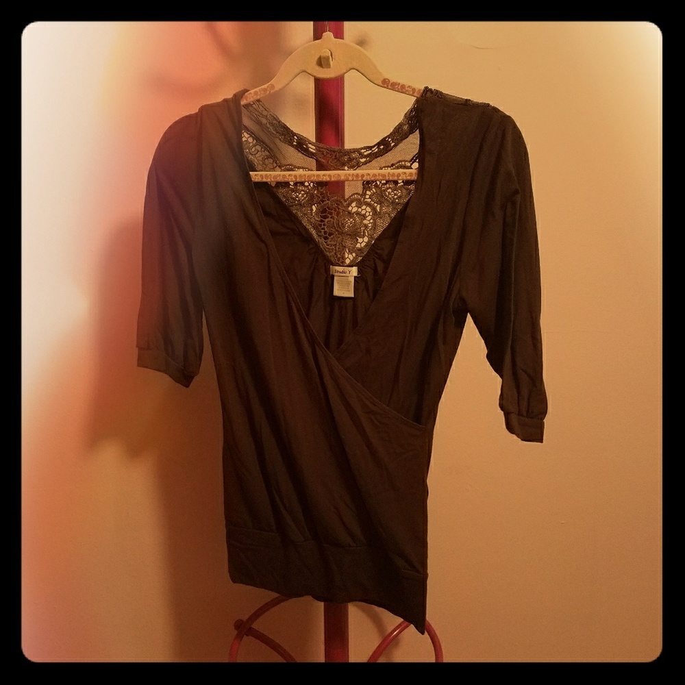 Brown faux-wrap top with crochet back