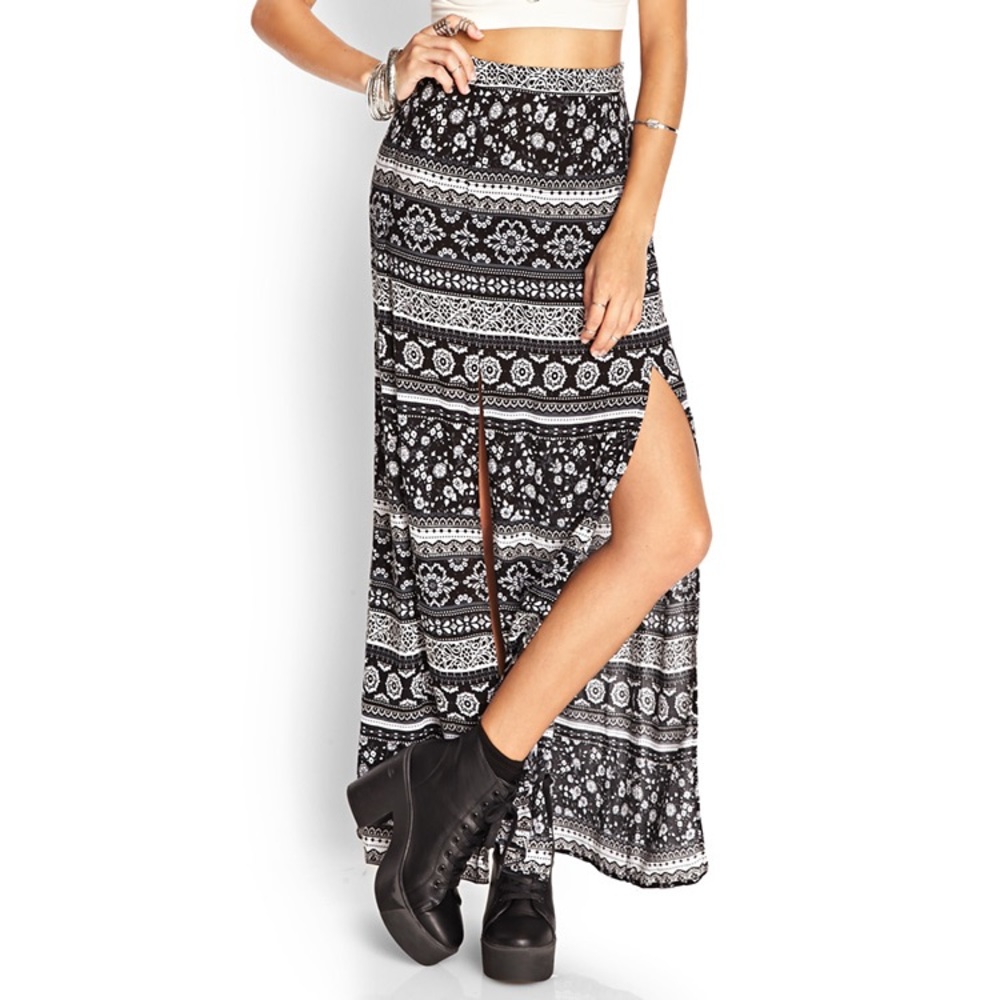 [F21] Boho Maxi Slit Skirt