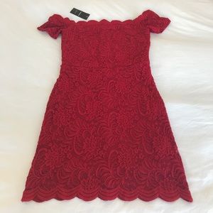 Bebe Off-Shoulder Scallop Lace Mini Dress