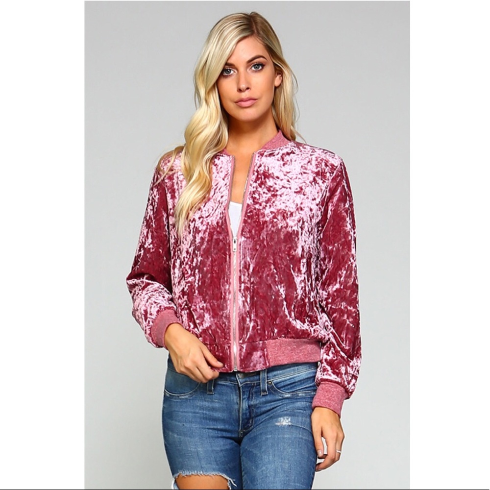 ✨Hot Pink Crushed Velvet Zip Up Bomber✨ - Picture 2 of 6
