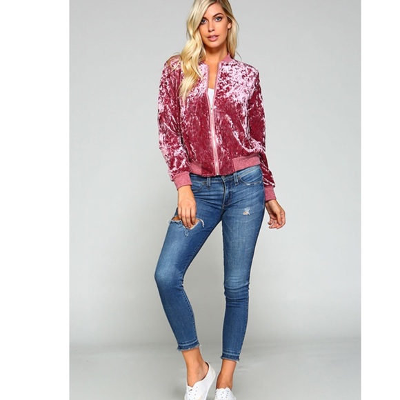 ✨Hot Pink Crushed Velvet Zip Up Bomber✨ - Picture 3 of 6