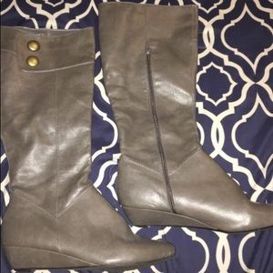 Grey knee high boots