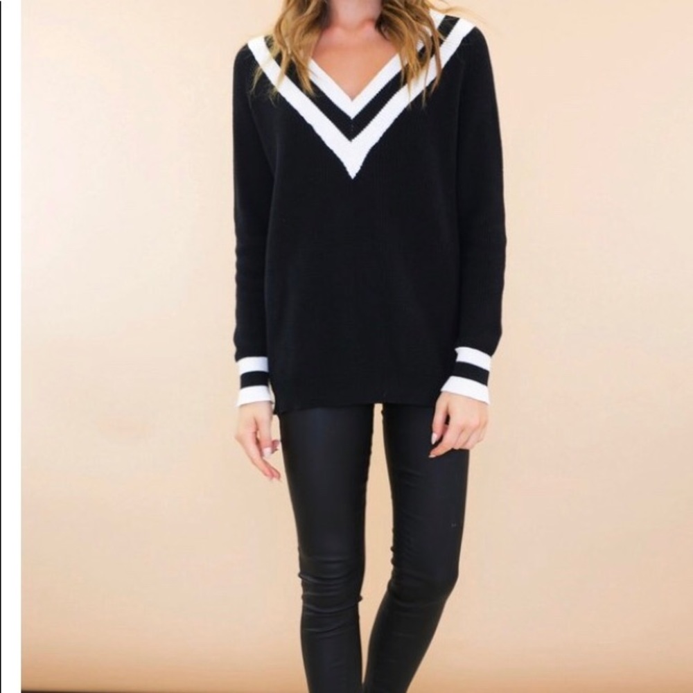 Varsity V Neck Sweater in Black