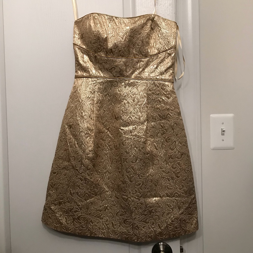 Max and Celo Strapless Gold Dress