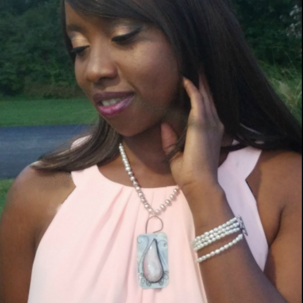 Pink Opal Sterling Silver Pendant on Pearls