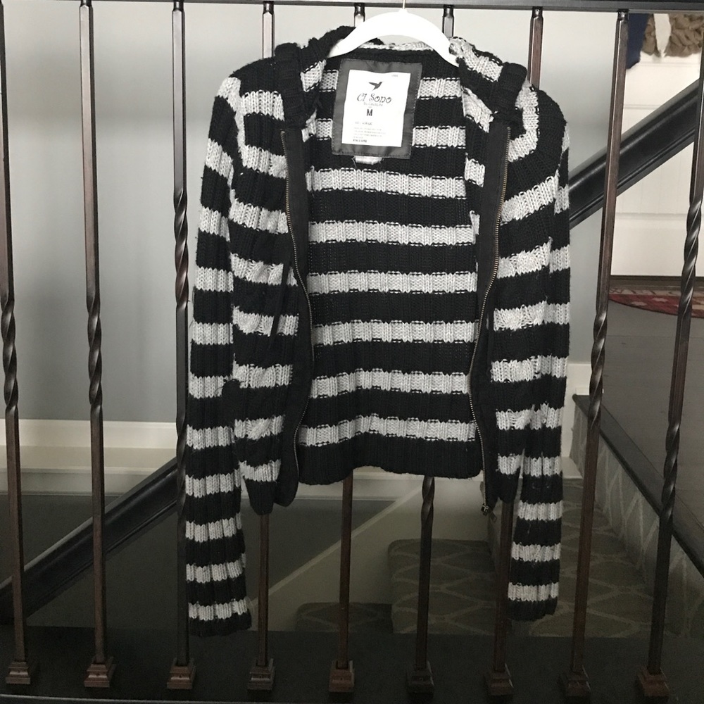 Black and gray striped sweater with hood