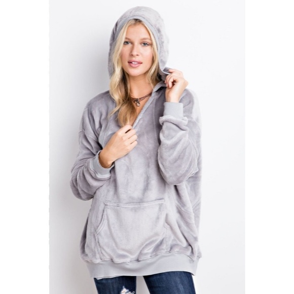 Velvet Soft Hoodie Sweatshirt New S M L Gray Plush - Picture 3 of 8