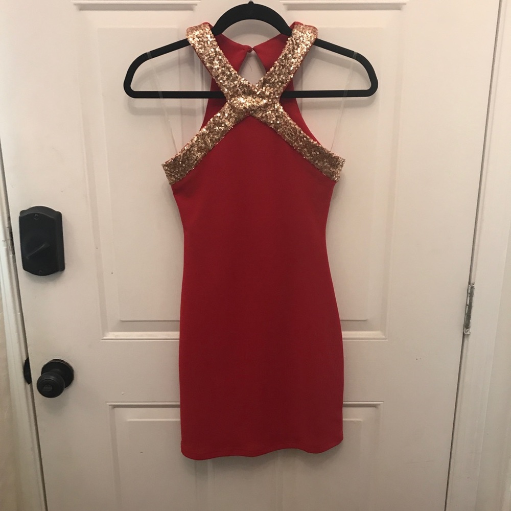 Gold Sequin Trim Red Bodycon Dress