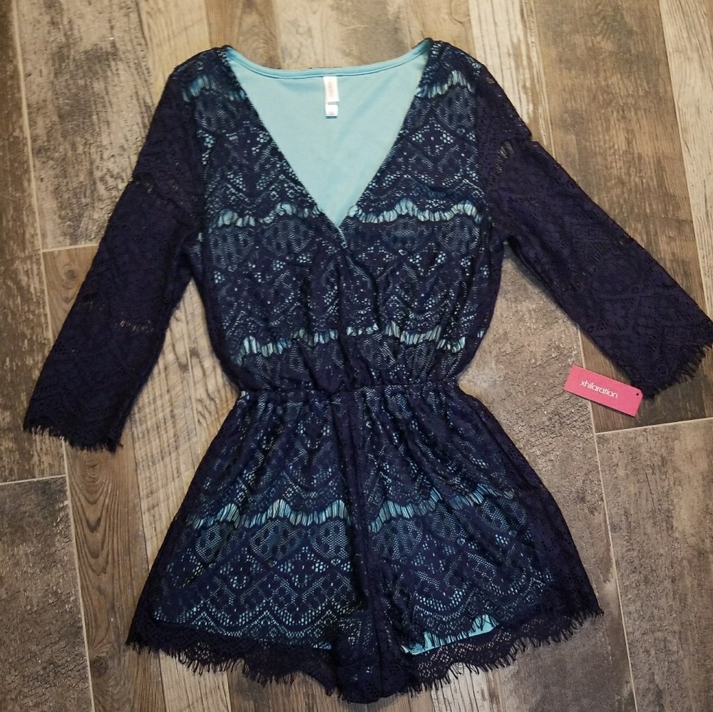 Xhiliration Blue & Turquoise Lace Romper XS