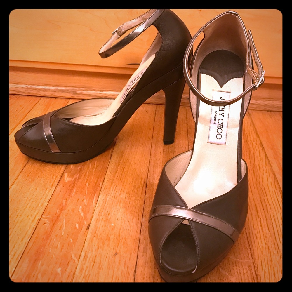 JIMMY CHOO taupe ankle strap peep-toe heels.