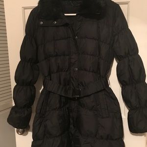 Long black feather parka with belt detail