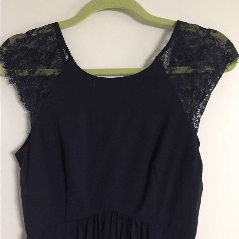 Elise Ryan, Navy blue dress with lace cap sleeves