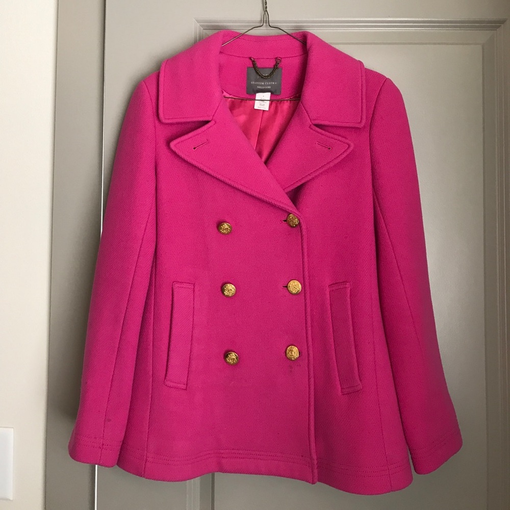 Pink J. Crew stadium cloth double breasted coat