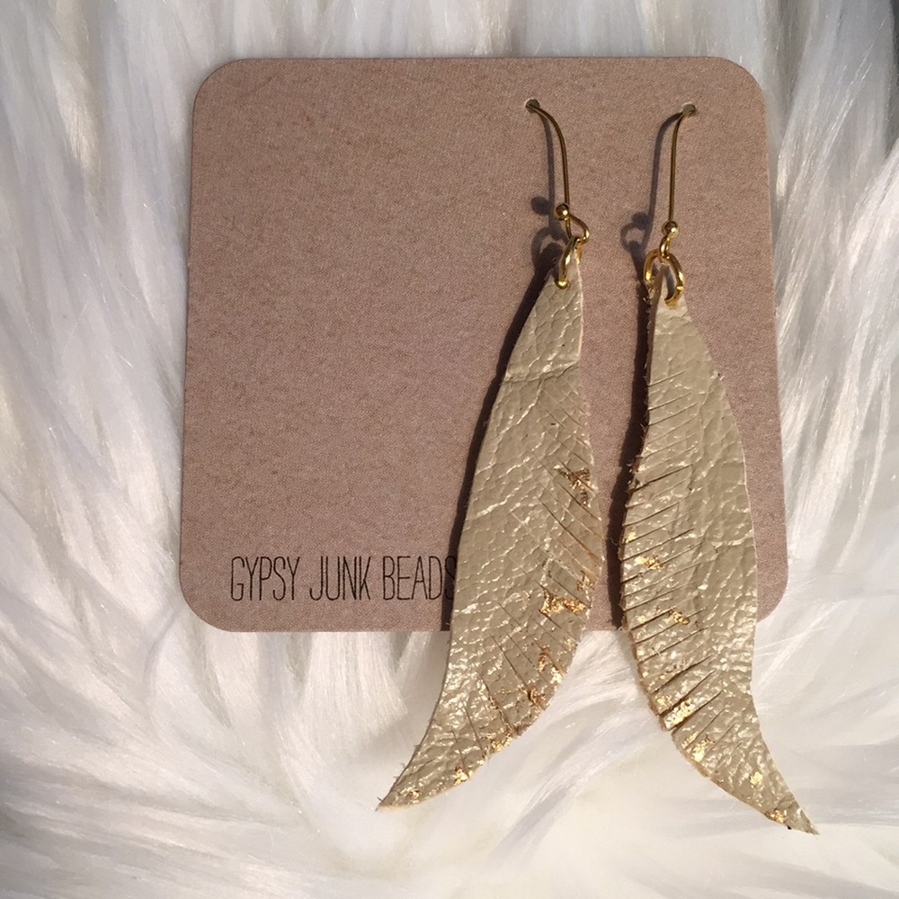 Leather Feather Earrings with Gold Detail