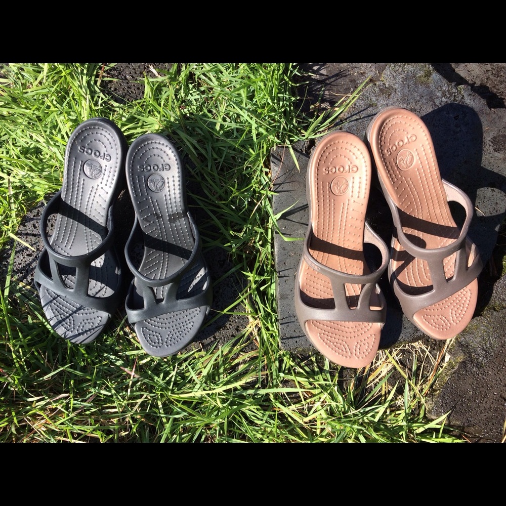 2-pr CROC sandals, black, brown/tan, 9 wide, $40.
