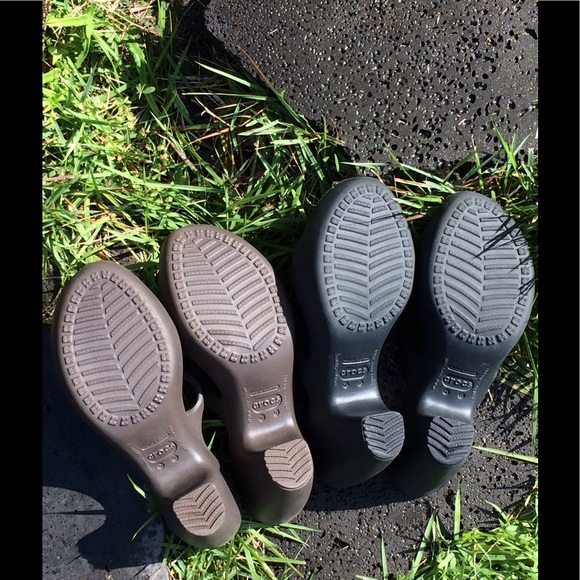 2-pr CROC sandals, black, brown/tan, 9 wide, $40. - Picture 2 of 4