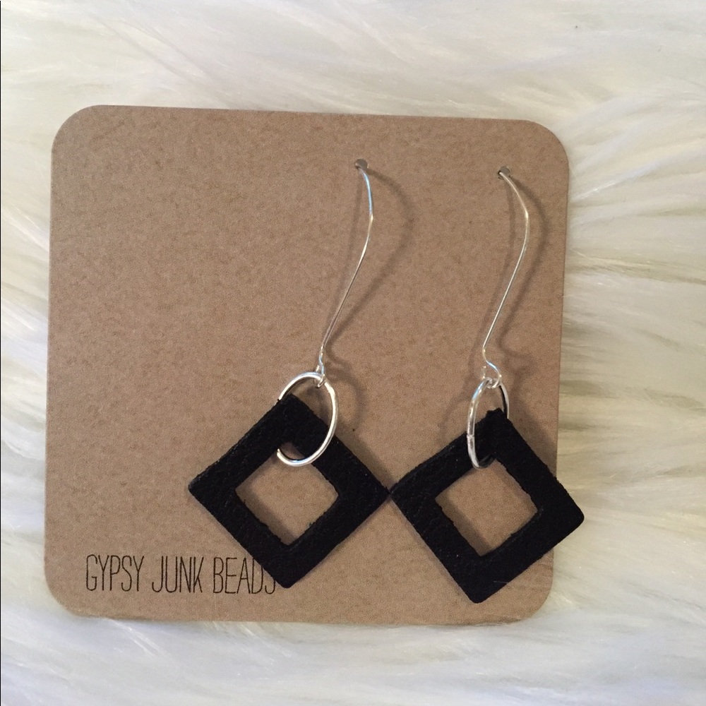 Black Leather Diamond Shape Earrings