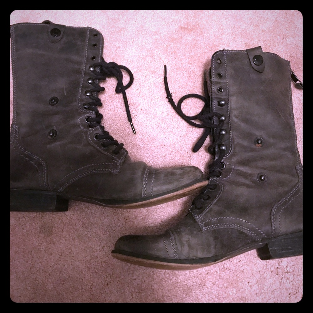 Distressed foldover black leather combat boots!