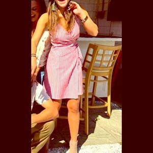 Red and white striped wrap tie up dress Small!