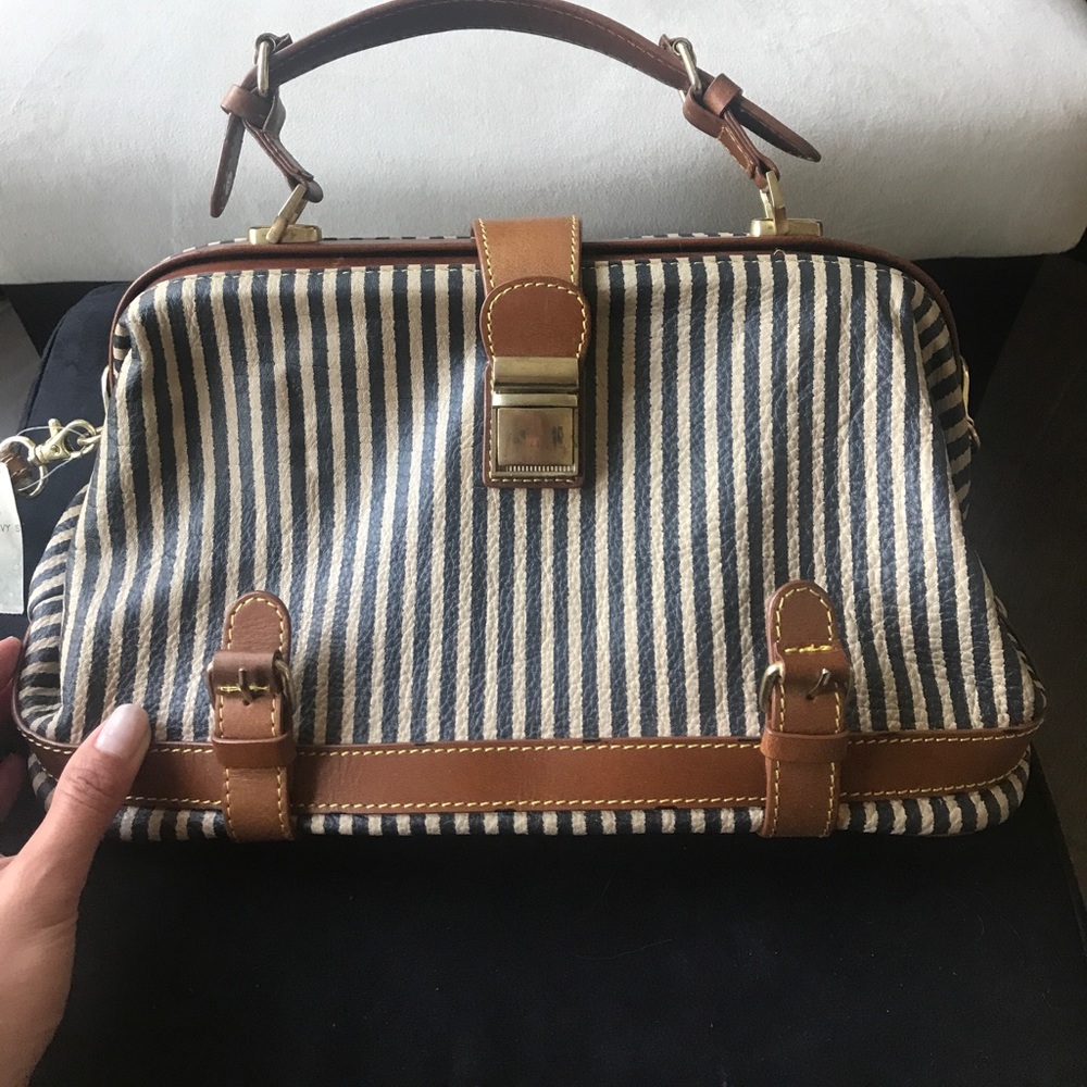Navy blue striped leather doctors bag purse