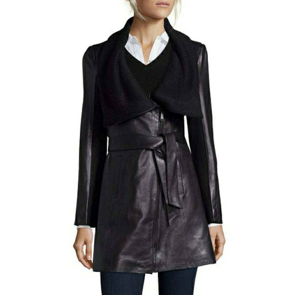 Stylish Elie Tahari  Knit Belted Leather Coat