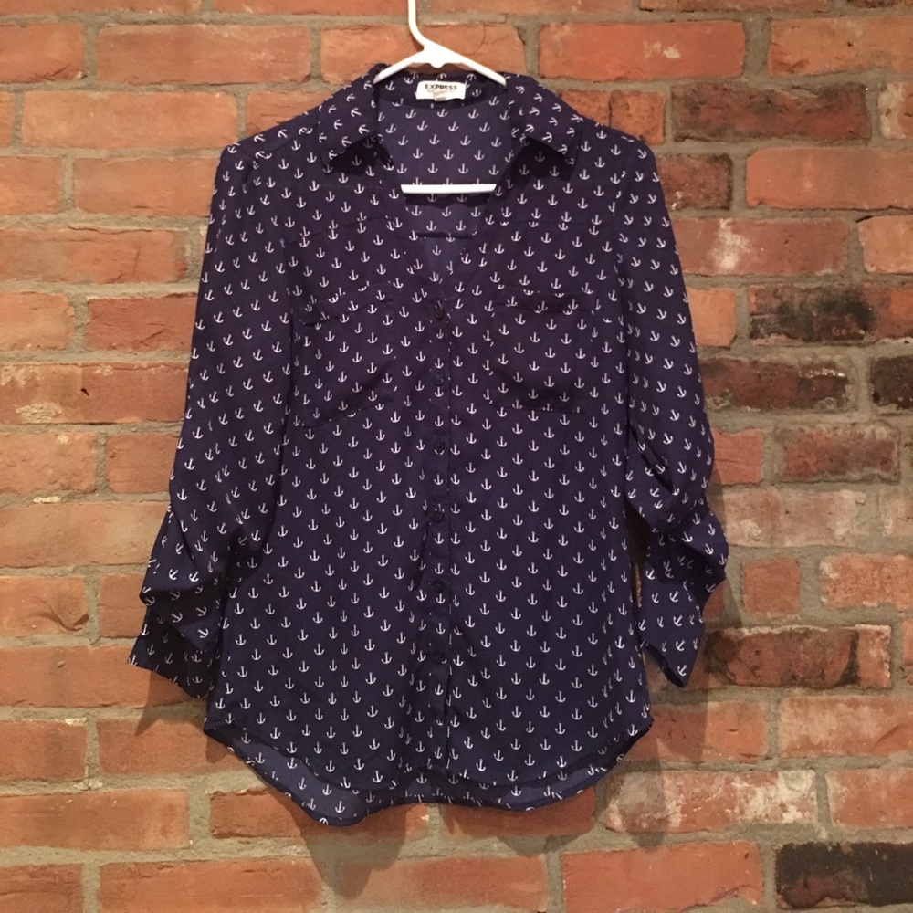 Express blue anchor long sleeve blouse