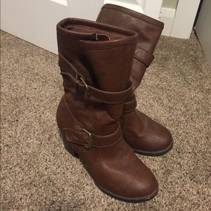 Brown buckle heeled boots