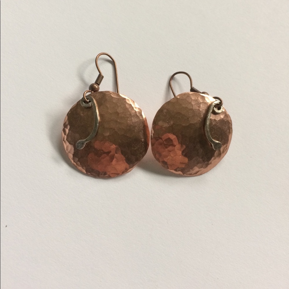 Pounded copper and silver circle earrings