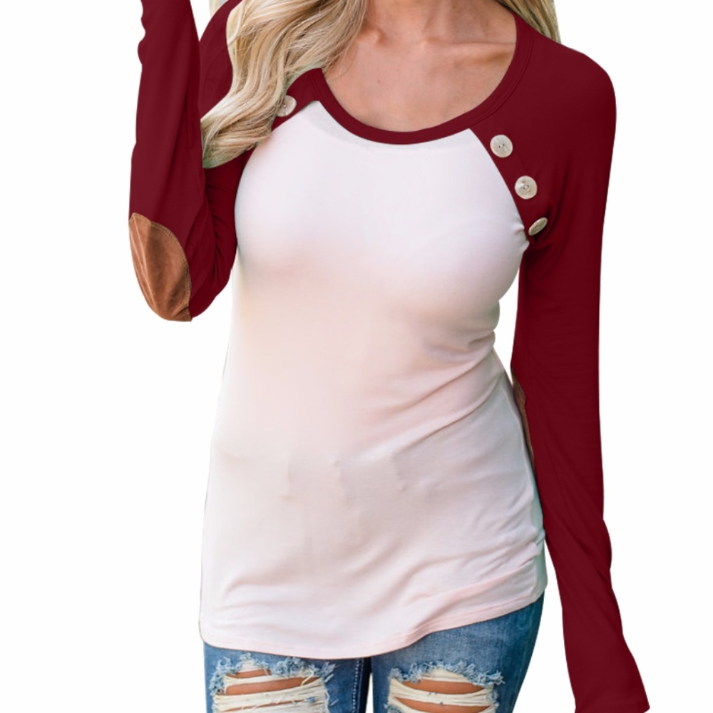 Burgundy Raglan elbow patch button top