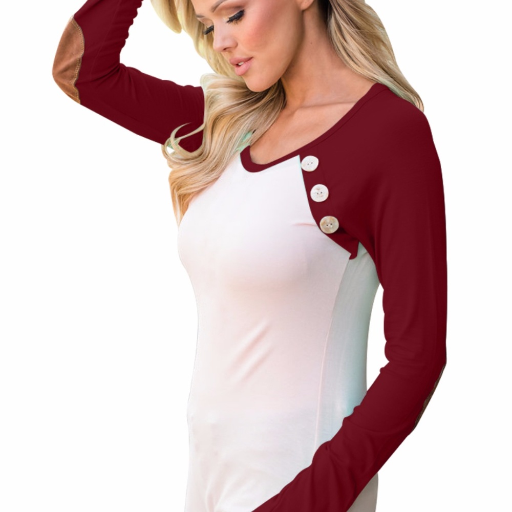 Burgundy Raglan elbow patch button top - Picture 2 of 3
