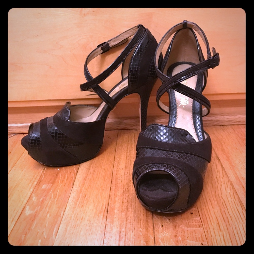 L.A.M.B brown snake&suede ankle strap peeptoe heel