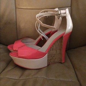 Peach and tan 3 inch wedge heel size 8 to 8.5