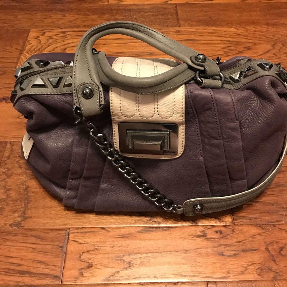 Guess by Marciano purple color blocking satchel