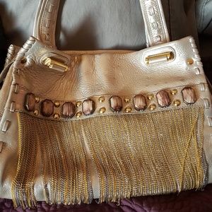 Sharif Gold Leather handbag with Metal Fringe