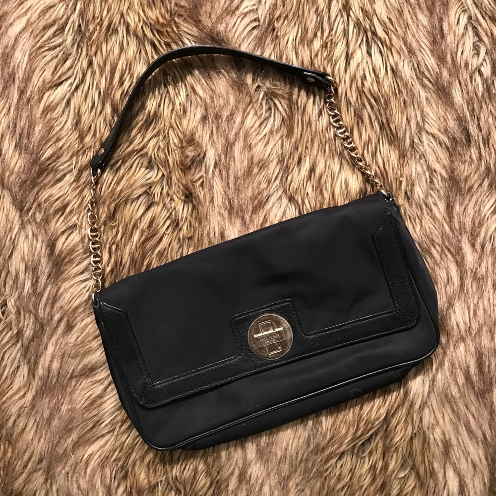 Auth Kate Spade black nylon clutch w chain strap