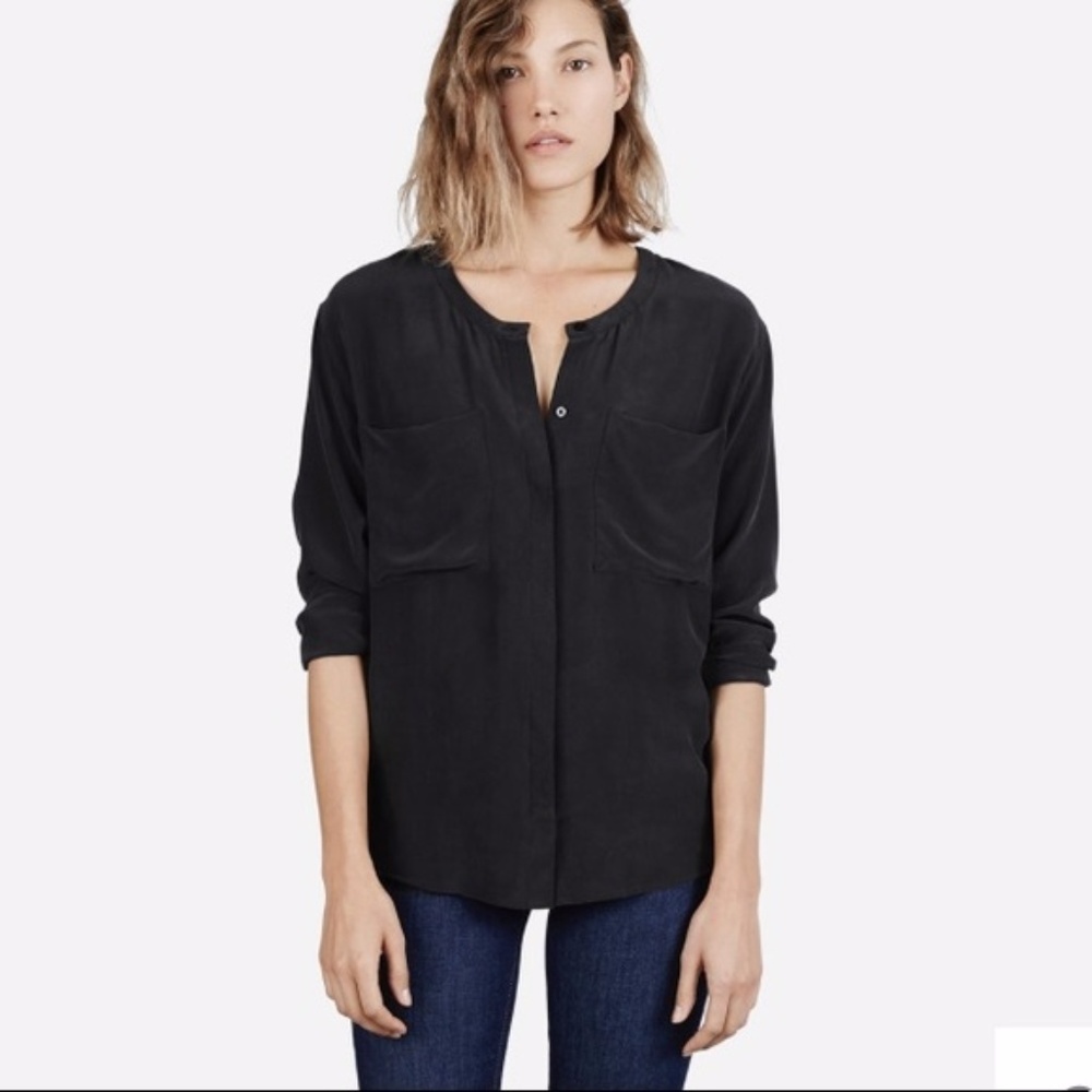 Everlane Black Collarless Silk Shirt XS