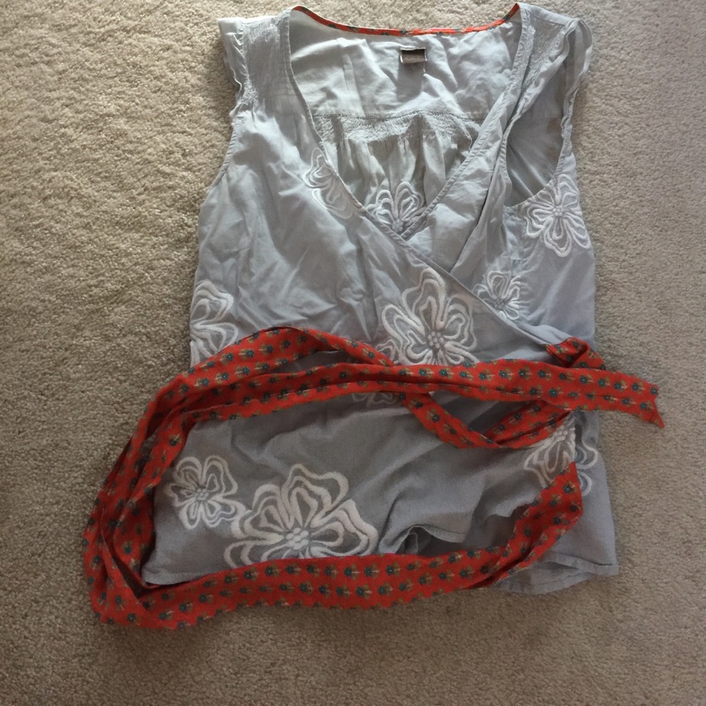 Anthropologie Blue Blouse Orange Ribbon