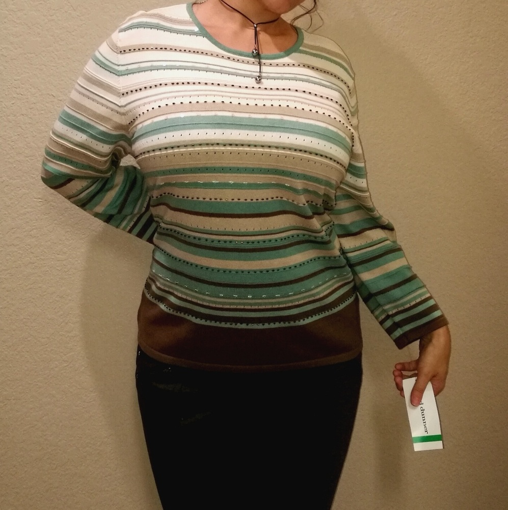 Striped Long Sleeve Sweater Top Tan Mint White