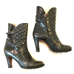 Vintage Black Quilted Leather Boots, Size 6.5 / 7