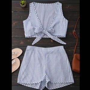 Blue & White striped two piece tie set