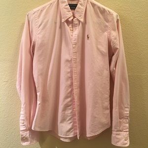 Women's polo pink striped button down