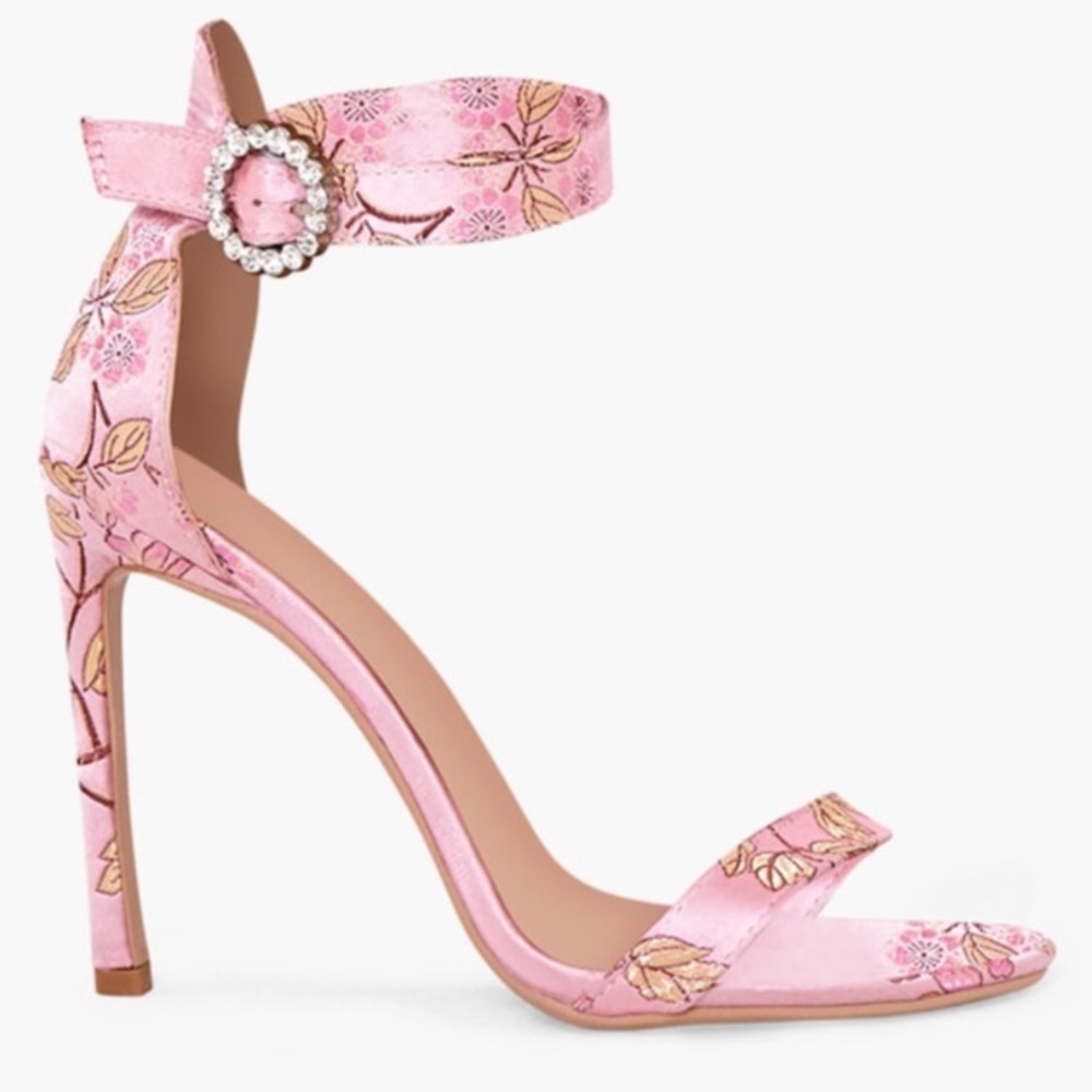 Pink Jacquard Diamante Buckle Strappy Heels